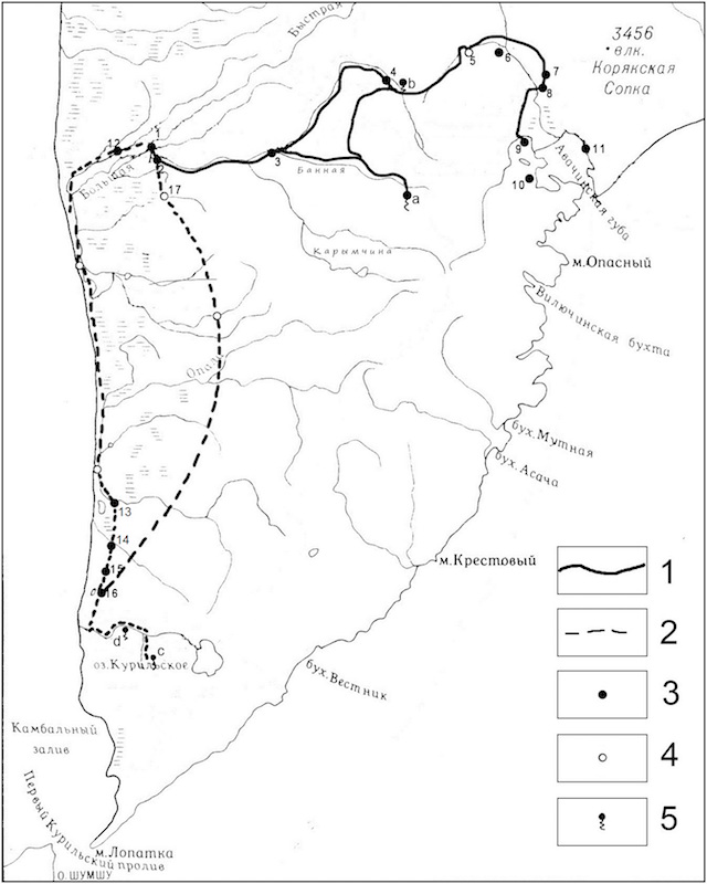 Карт-схема первого и второго маршрутов С. П. Крашенинникова