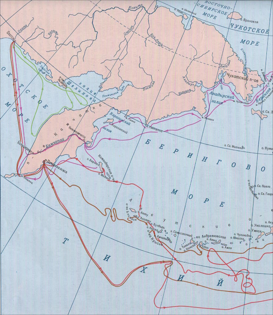 Фрагмент карты «Маршруты походов Н. Трески и К. Соколова; В. Й. Беринга и А. И. Чирикова в Первой и Второй Камчатских экспедициях»