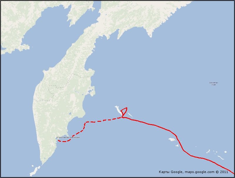 Схема плавания пакетбота «Св. Пётр» от Крысьих островов к Командорам