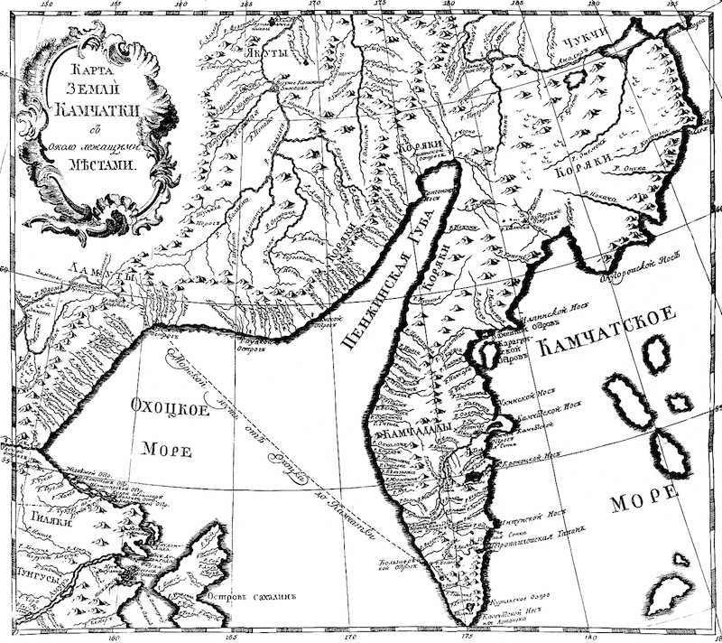 Карта земли Камчатки с около лежащими местами