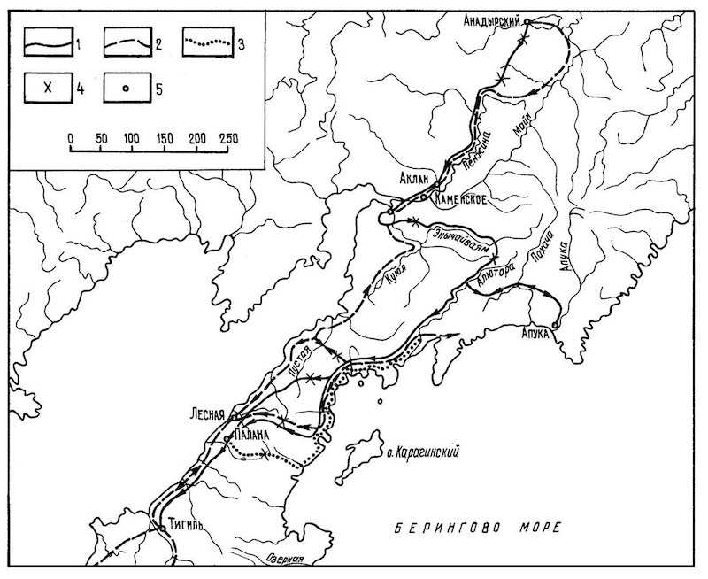 Карт-схема походов отрядов В. Атласова и Л. Морозко к реке Тигиль в 1697 г.