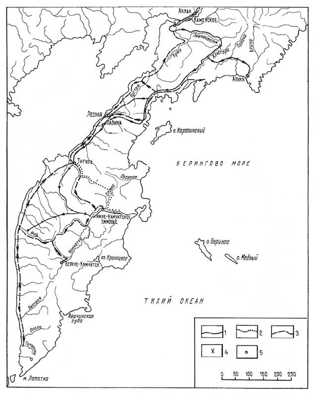 Схема маршрута отряда В. Атласова от реки Алюторы до реки Камчатки