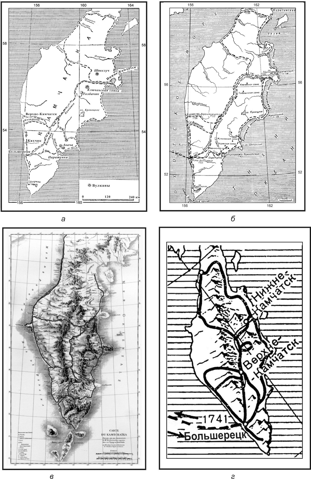 Карты поездок С. П. Крашенинникова по Камчатке разных авторов