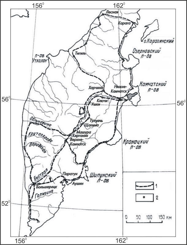 Обобщённый авторский вариант карт-схемы основных маршрутов С. П. Крашенинникова по Камчатке